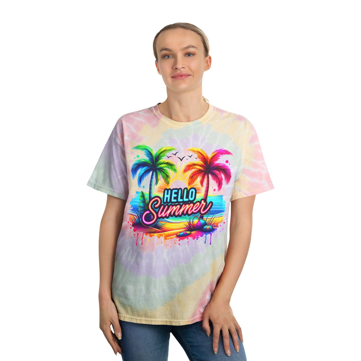 Hello Summer Tie-Dye Tee, Relaxed Fit T-Shirt for Beach Days, Summer Casual Wear, Vacation Apparel, Cozy Tie-Dye Shirt