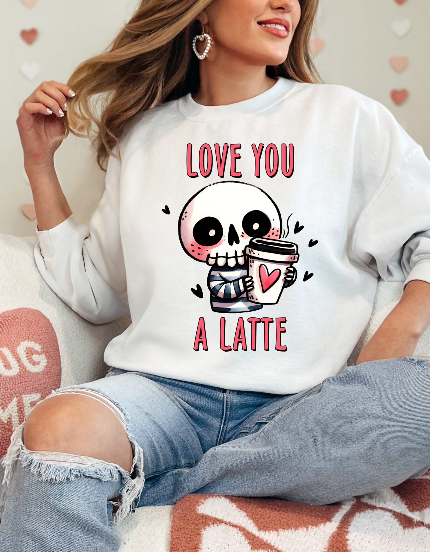 Valentine's Day Sweatshirt, Cute Skull Love You A Latte Sweatshirt, Cozy Unisex Crewneck, Valentine's Gift, Goth Apparel, Coffee Lover Sweatshirt