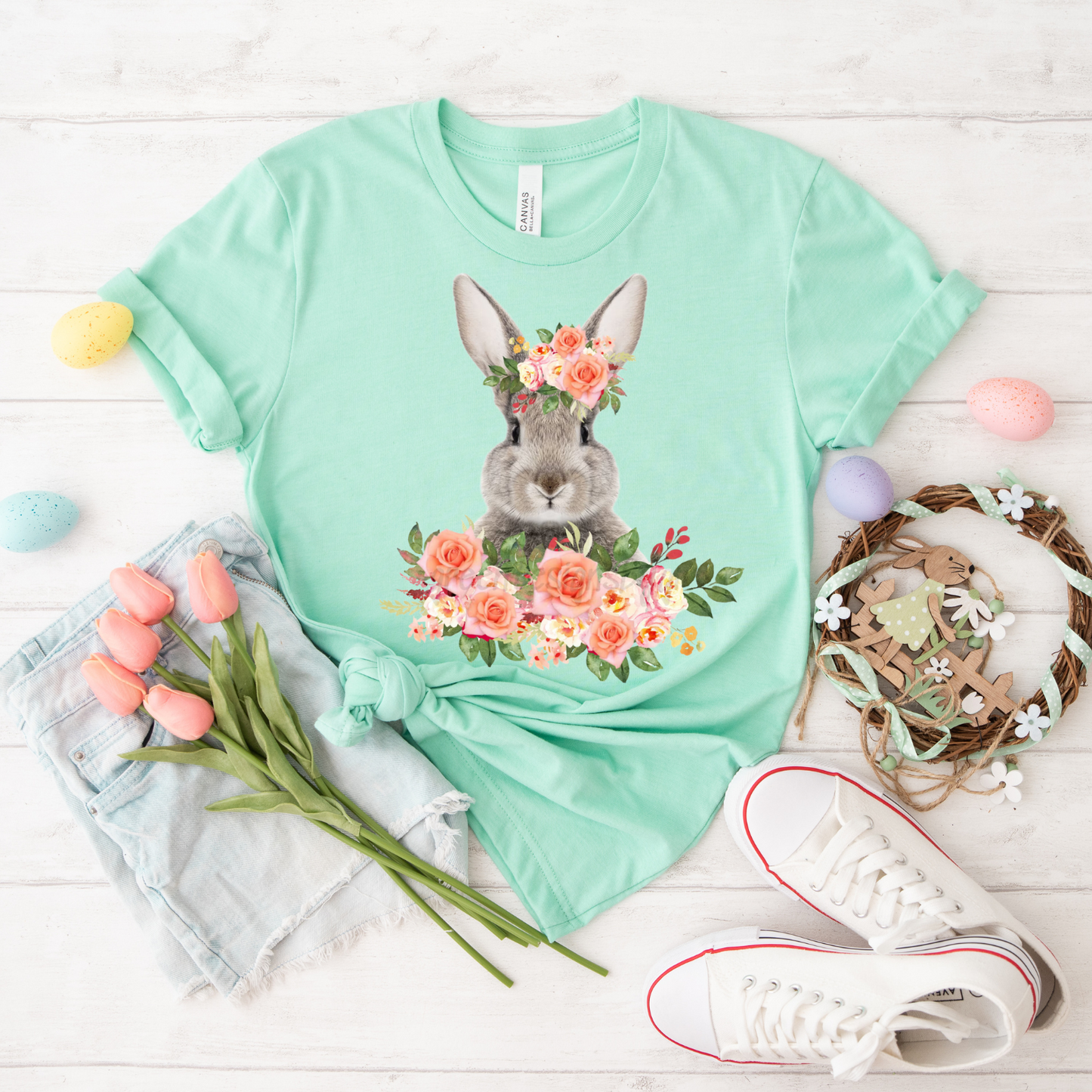 Floral Bunny T-Shirt, Spring Fashion, Garden Party Top, Easter Gift, Nature Lover's Tee, Animal Art Shirt