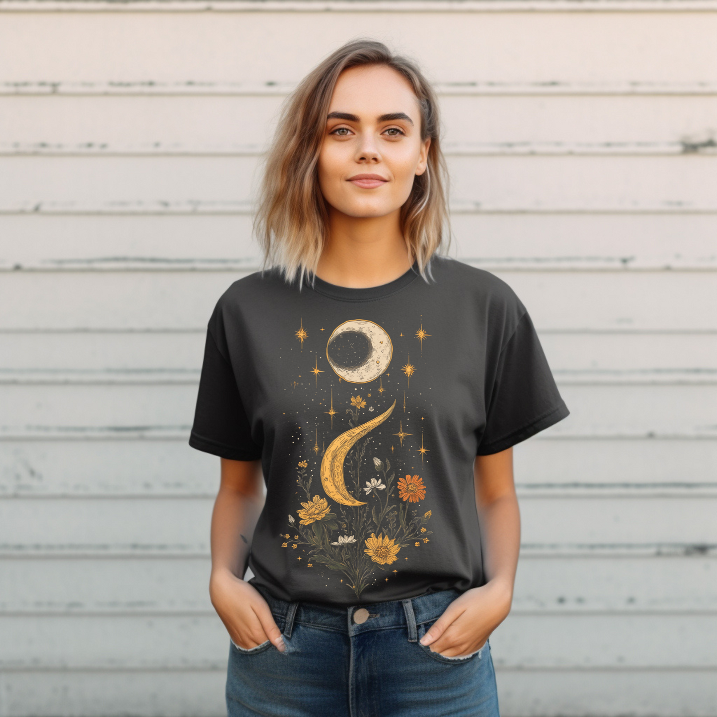 Mystical Moon & Floral Unisex T-Shirt - Garment-Dyed Boho Tee for Nature Lovers, Celestial Cottage Core Shirt