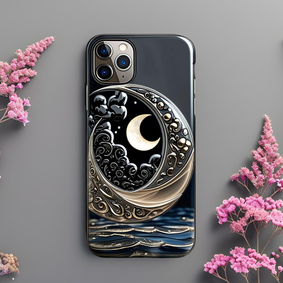 Artistic Phone Case - Moonlight Waves Design, Celestial Phone Case for iPhone, Samsung, and Google Pixel