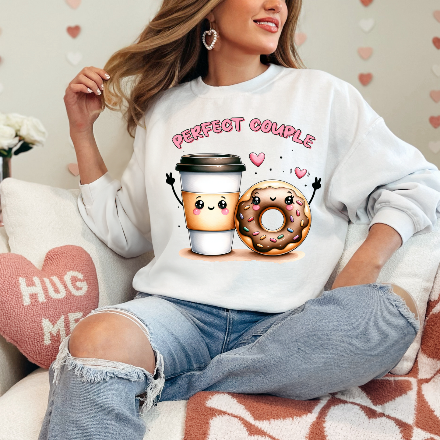 Valentine's Day Sweatshirt. Cute Coffee and Donut Sweatshirt, Perfect Couple Crewneck, Gift for Food Lovers, Cozy Apparel, Fun Couple's Clothing