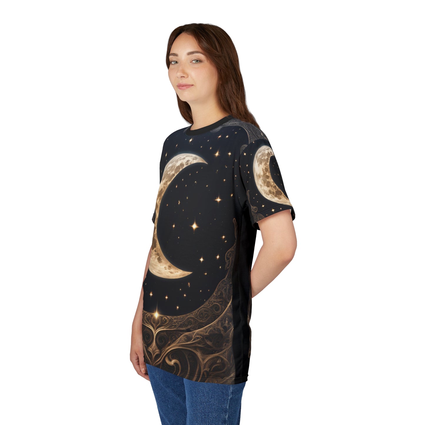 Celestial Moon Unisex Cut & Sew Tee - Night Sky Graphic T-Shirt, Celestial Crescent Moon AOP Shirt