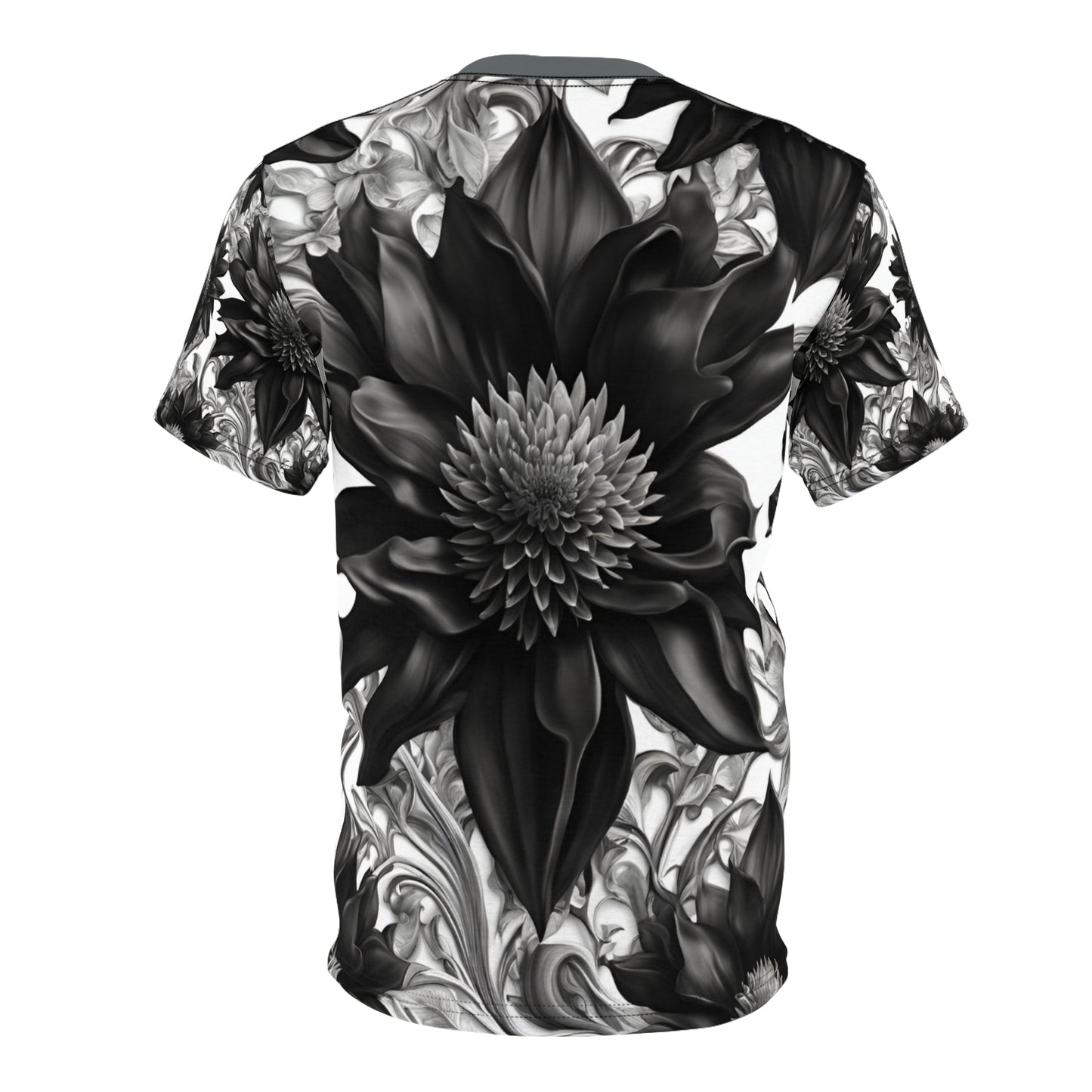 Elegant Floral Unisex Tee - Black & White Design, Gothic Black and White Flowers Shirt, Goth Flowers AOP Shirt