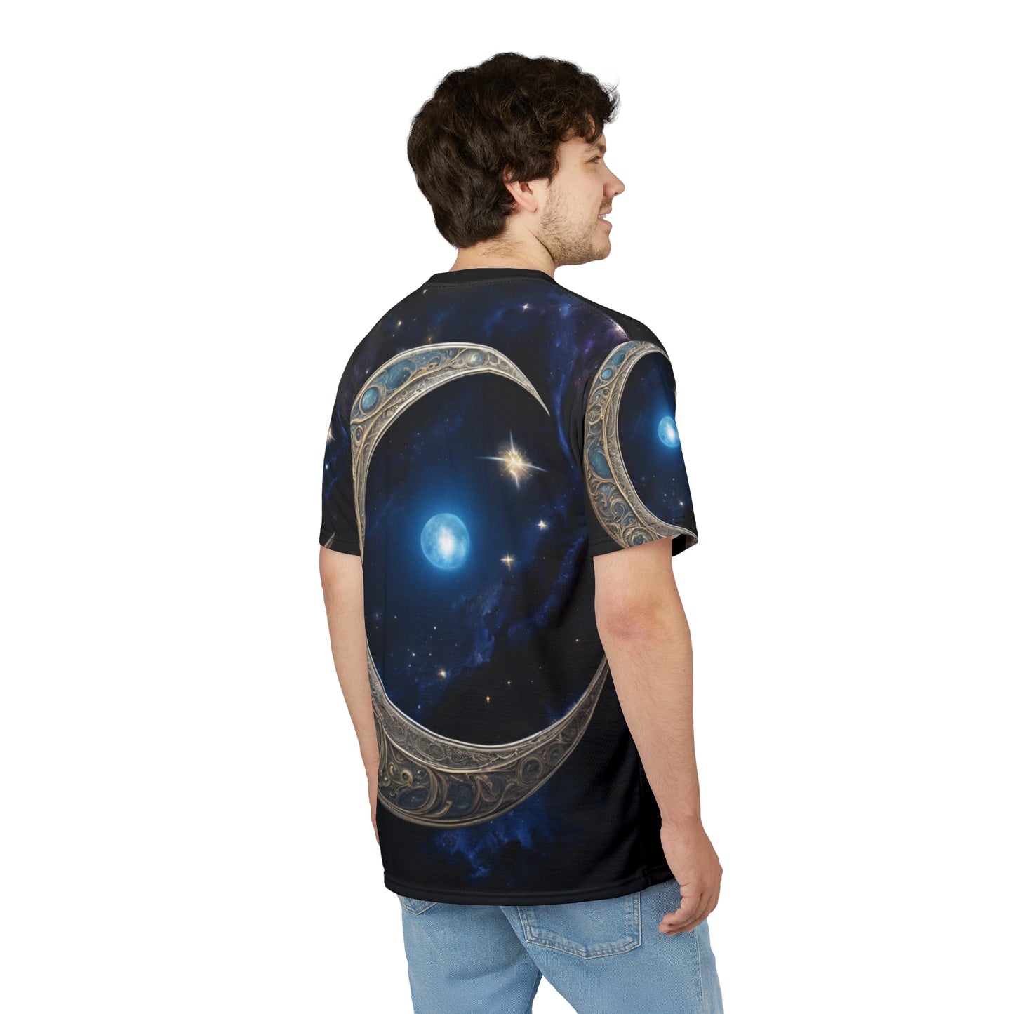 Celestial Chic Unisex Cut & Sew Tee - Mystical Moon & Star Design, Celestial Crescent Moon AOP Shirt