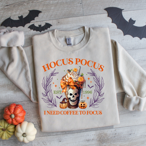 Hocus Pocus I Need Coffee to Focus Sweatshirt, Halloween Coffee Lover Gift, Halloween Gift, Halloween Shirt, Halloween Coffee Tshirt
