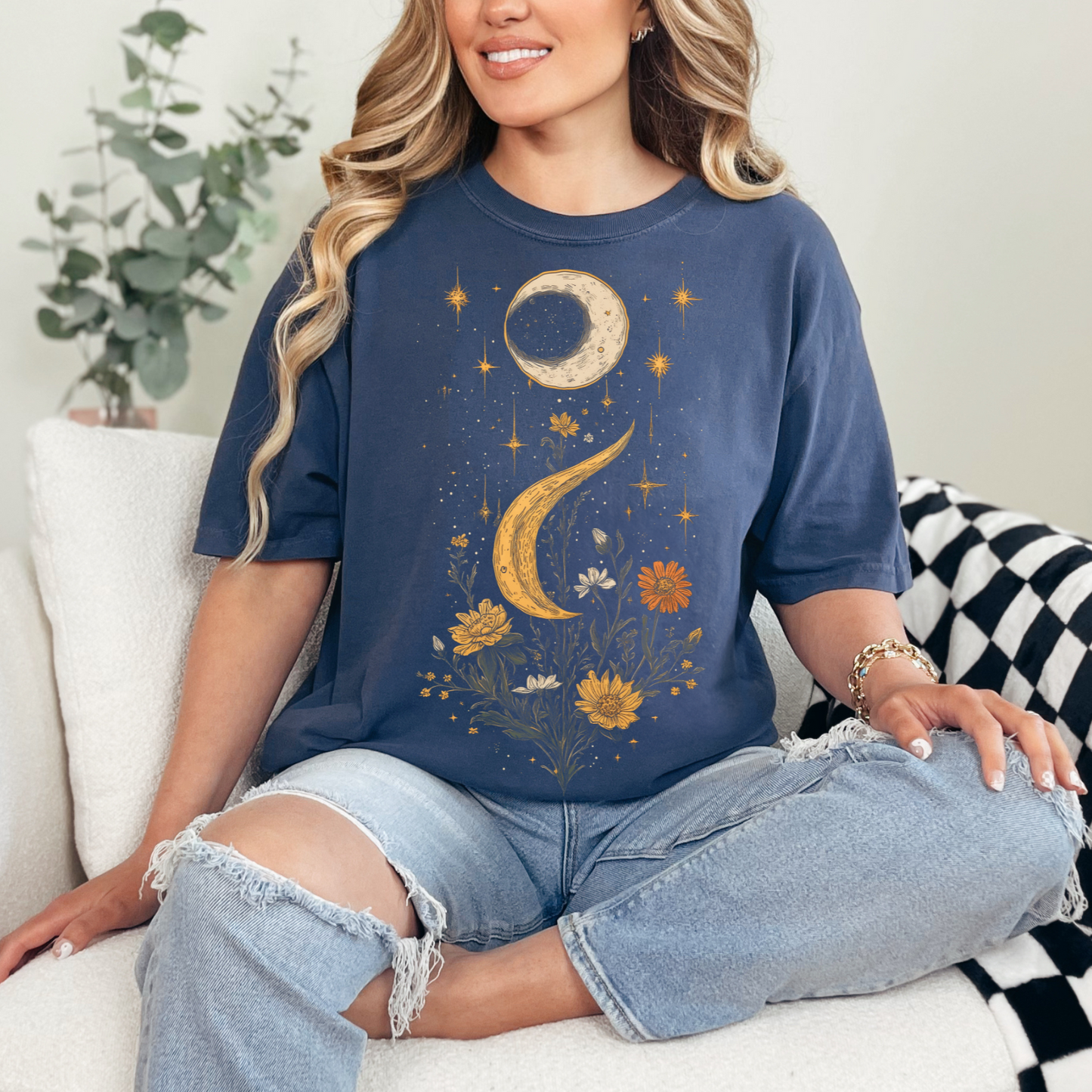 Mystical Moon & Floral Unisex T-Shirt - Garment-Dyed Boho Tee for Nature Lovers, Celestial Cottage Core Shirt