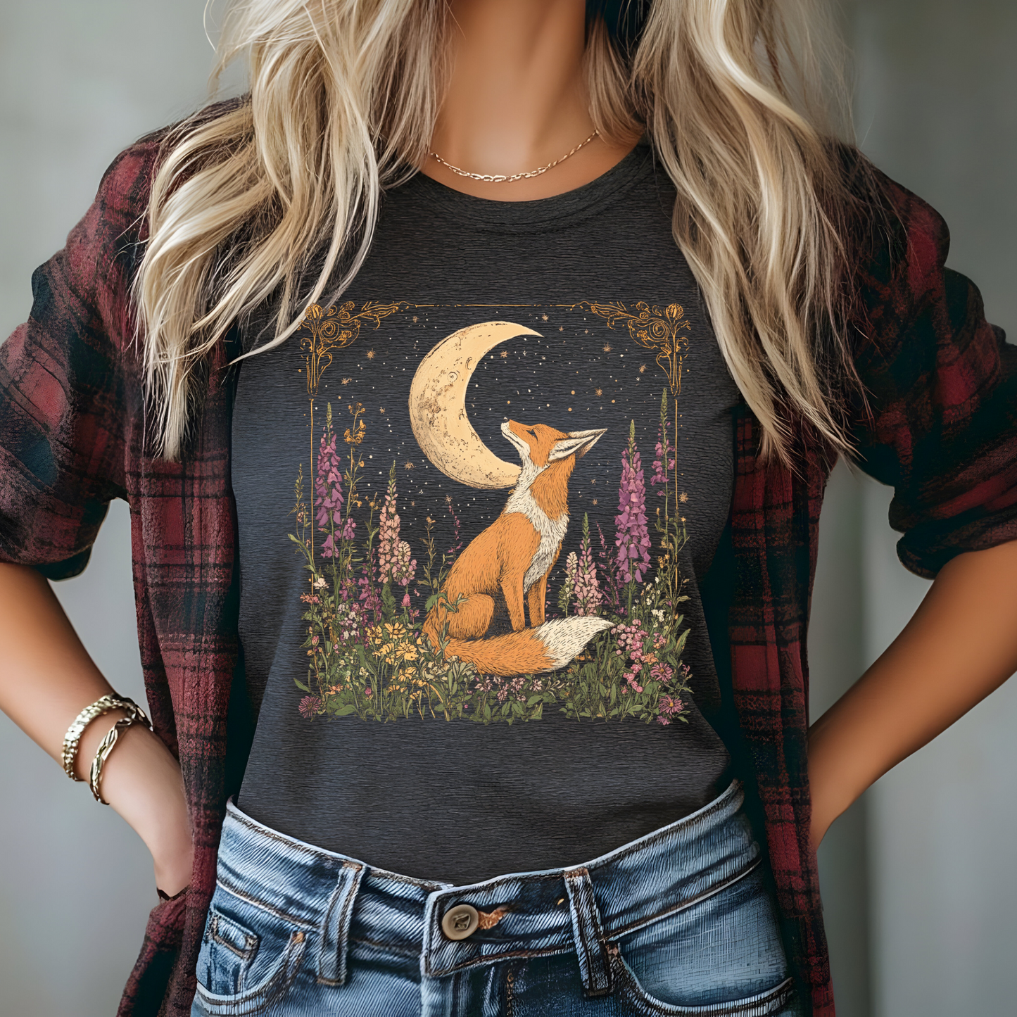 Moonlit Fox Unisex Softstyle T-Shirt | Nature Lover's Tee, Fox Cottage Core Shirt, Celestial Shirt