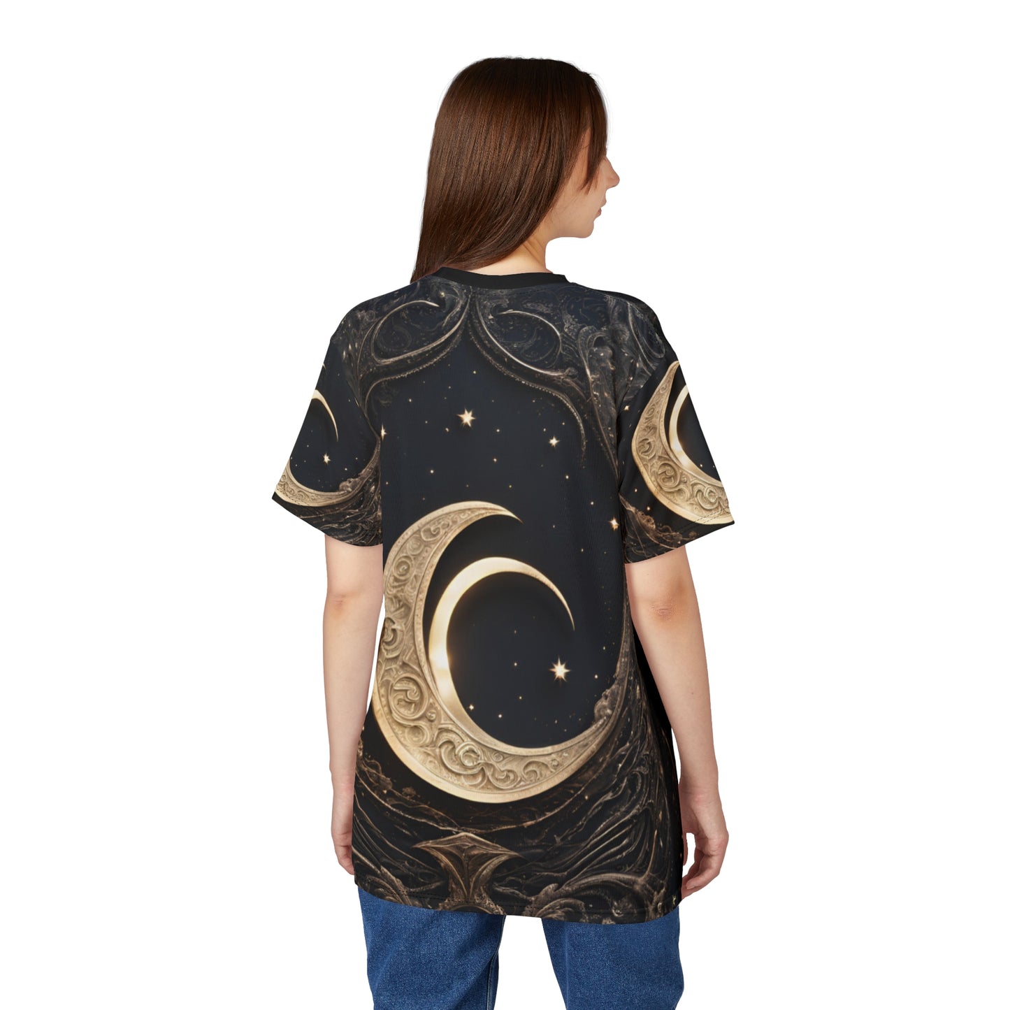 Celestial Moon Unisex Cut & Sew Tee - Night Sky Design for Dreamers, Celestial Crescent Moon AOP Shirt