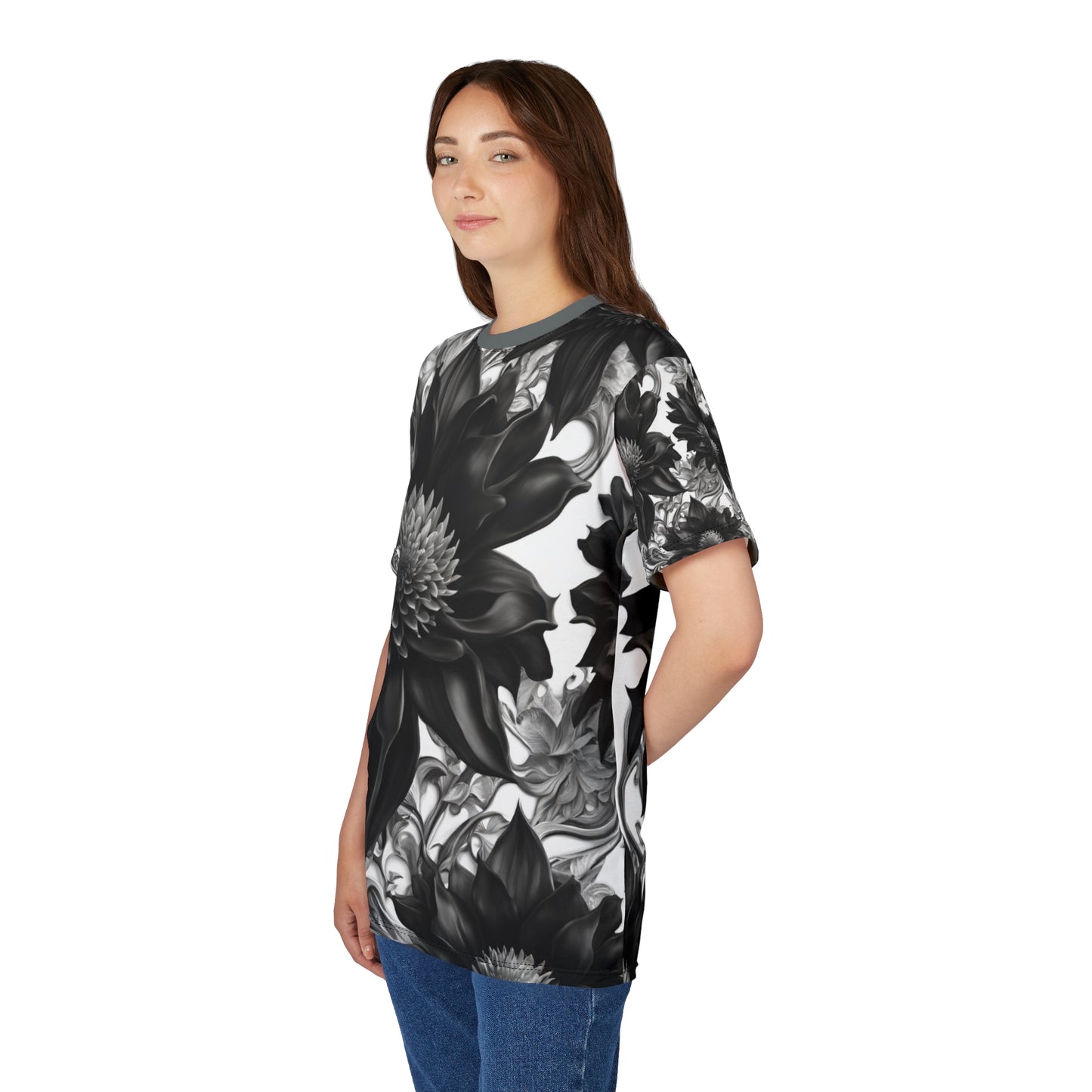 Elegant Floral Unisex Tee - Black & White Design, Gothic Black and White Flowers Shirt, Goth Flowers AOP Shirt