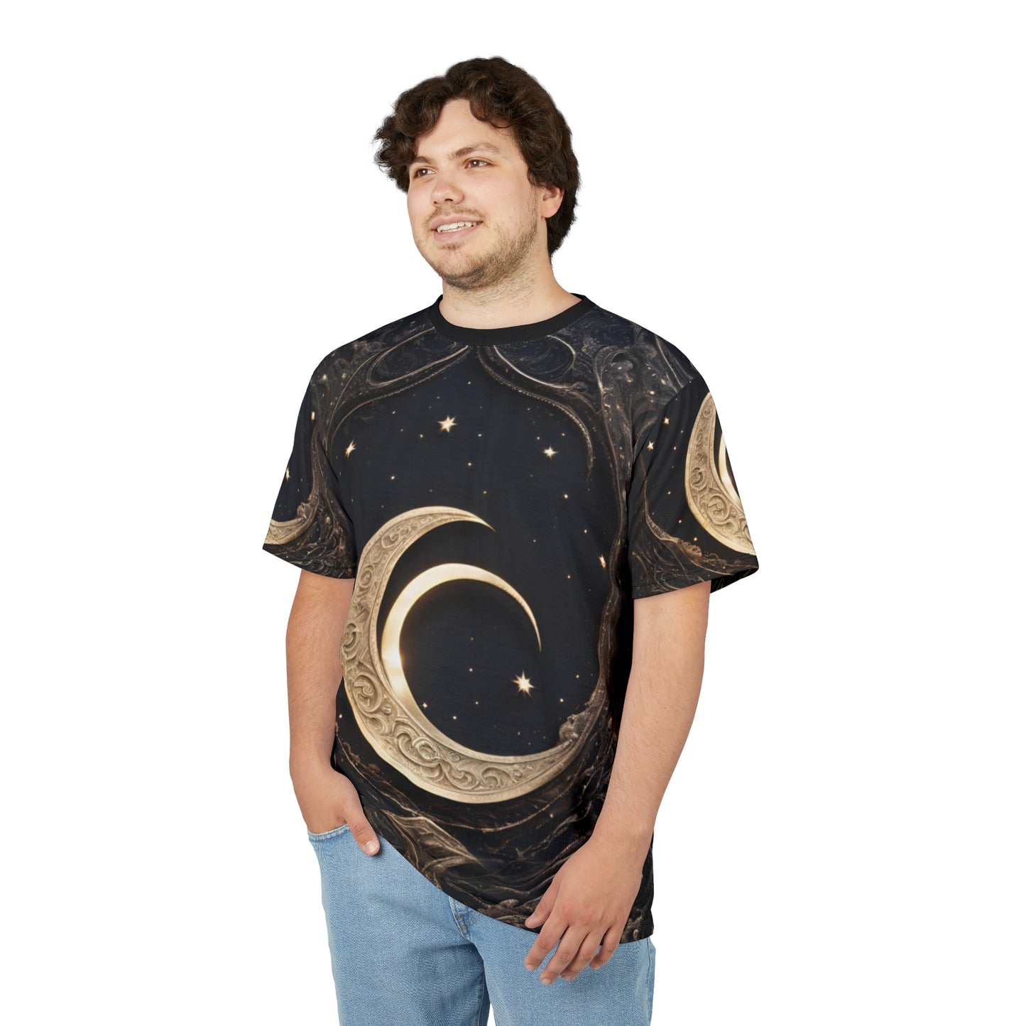 Celestial Moon Unisex Cut & Sew Tee - Night Sky Design for Dreamers, Celestial Crescent Moon AOP Shirt