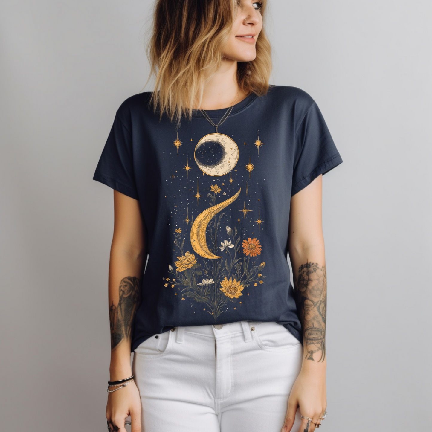 Mystical Moon & Floral Unisex T-Shirt - Garment-Dyed Boho Tee for Nature Lovers, Celestial Cottage Core Shirt