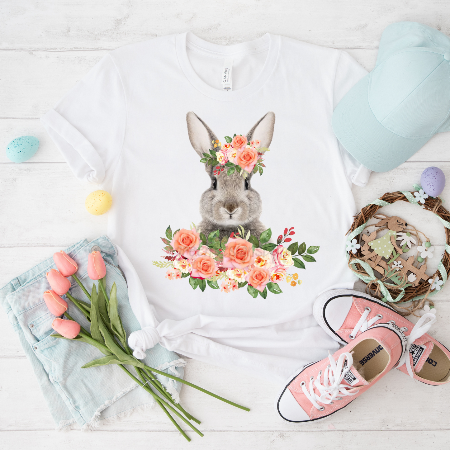Floral Bunny T-Shirt, Spring Fashion, Garden Party Top, Easter Gift, Nature Lover's Tee, Animal Art Shirt