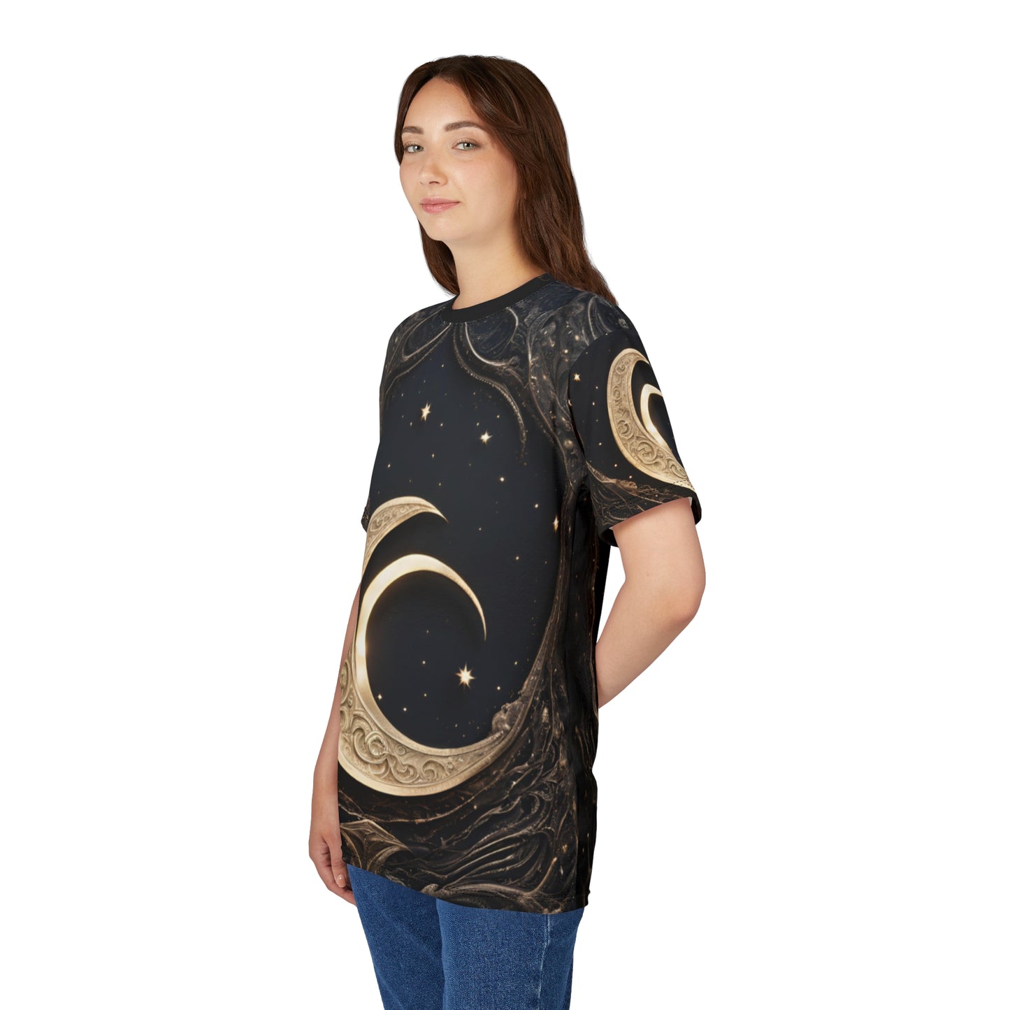Celestial Moon Unisex Cut & Sew Tee - Night Sky Design for Dreamers, Celestial Crescent Moon AOP Shirt