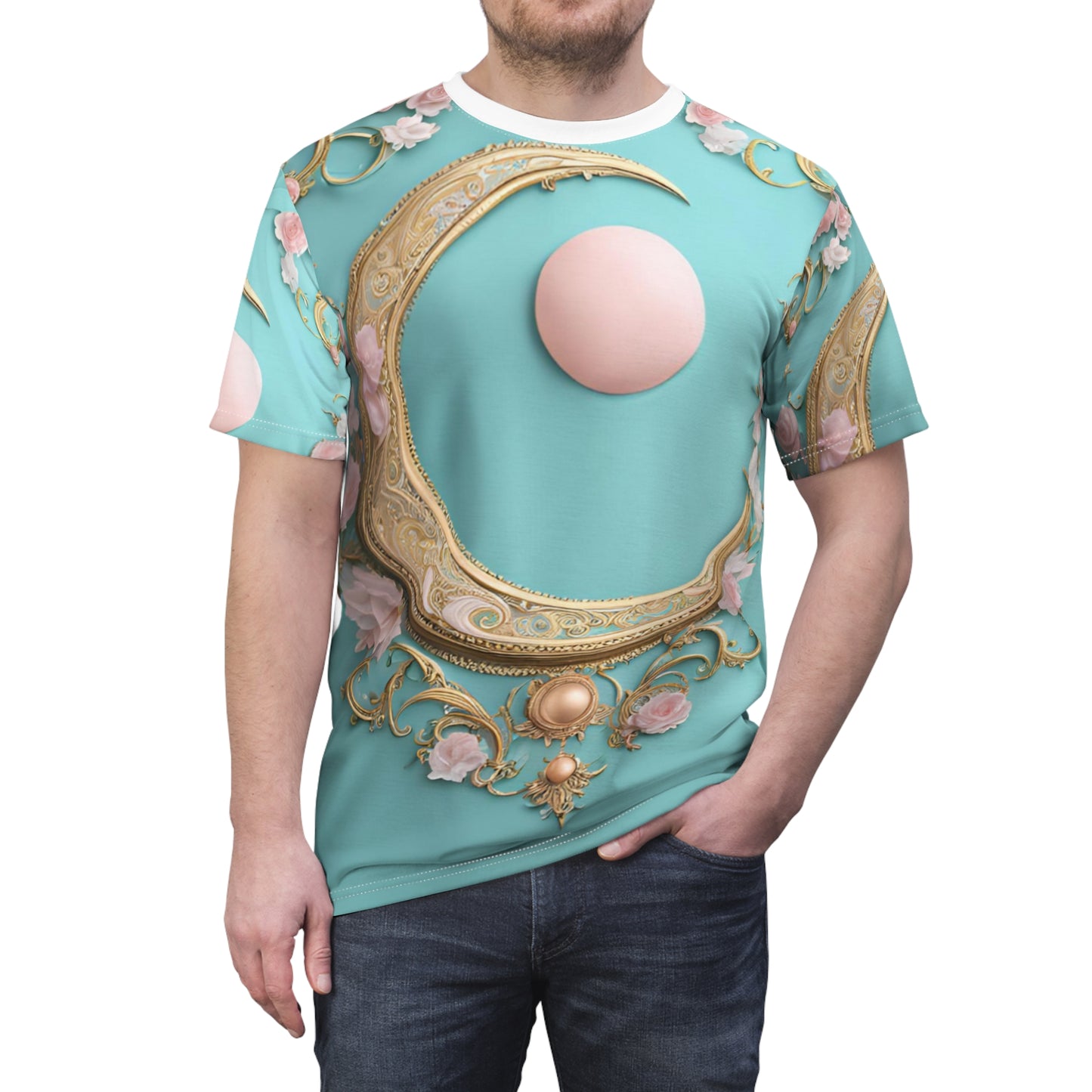 Elegant Moon & Floral Unisex Tee - Stylish Cut & Sew Design, Elegant Crescent Moon AOP Shirt