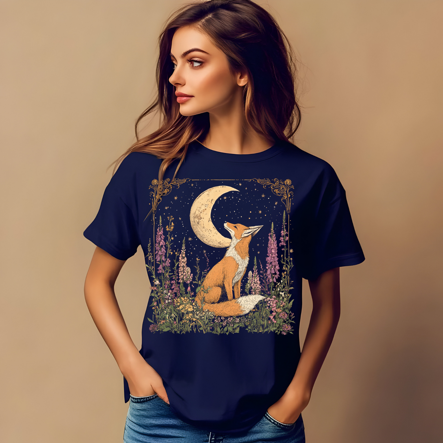 Moonlit Fox Unisex Softstyle T-Shirt | Nature Lover's Tee, Fox Cottage Core Shirt, Celestial Shirt