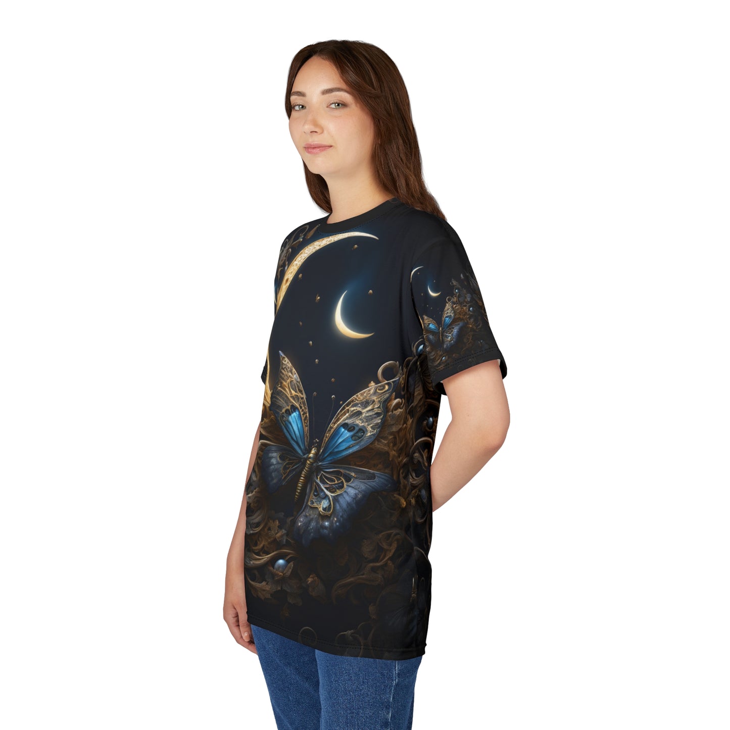 Majestic Butterfly Moon Unisex Tee - Celestial Art & Nature Design, Celestial Butterfly AOP Shirt