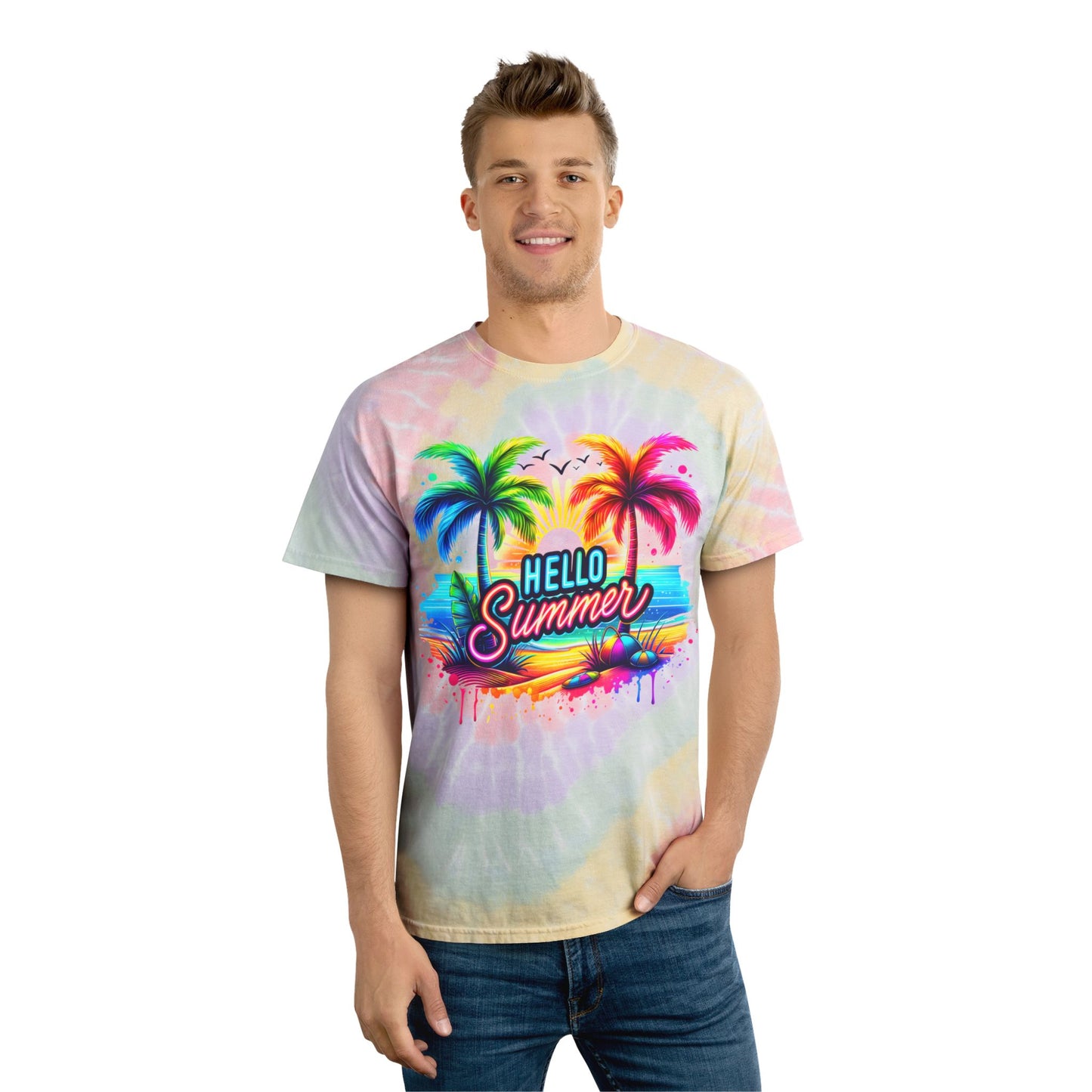 Hello Summer Tie-Dye Tee, Relaxed Fit T-Shirt for Beach Days, Summer Casual Wear, Vacation Apparel, Cozy Tie-Dye Shirt
