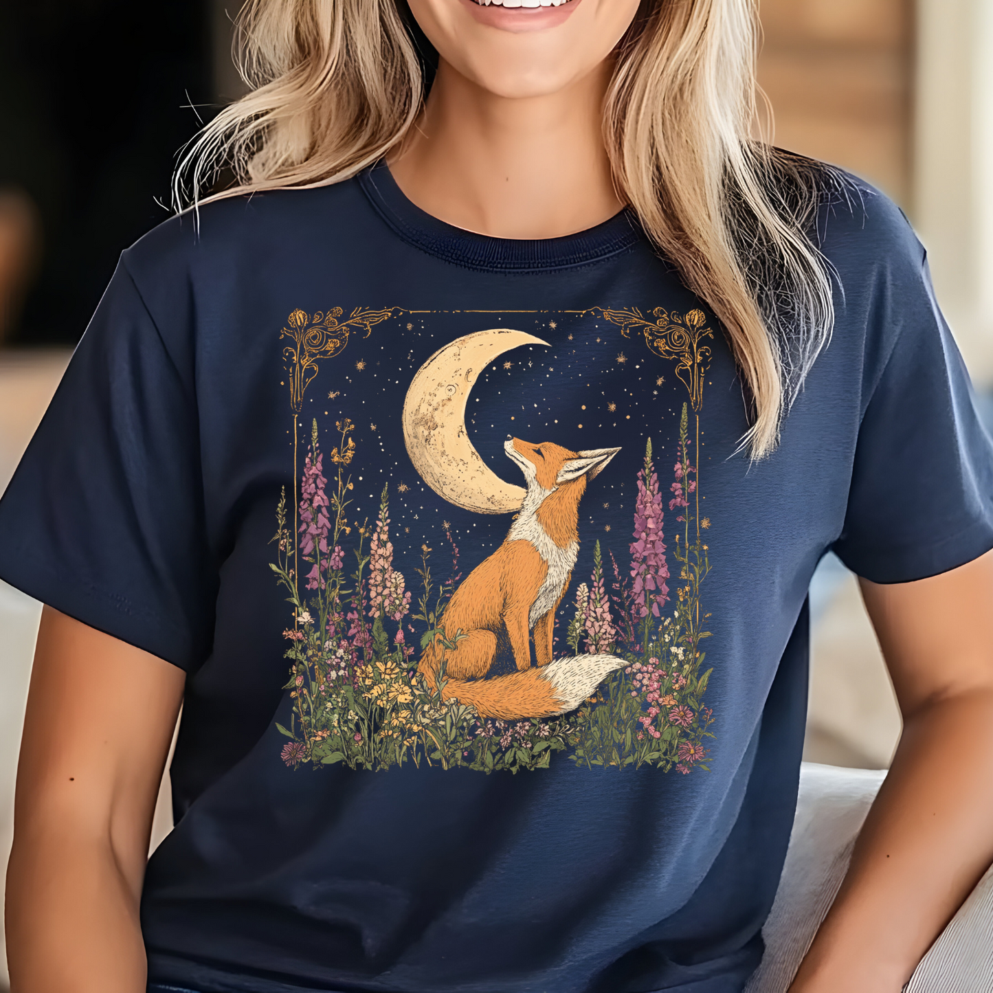 Moonlit Fox Unisex Softstyle T-Shirt | Nature Lover's Tee, Fox Cottage Core Shirt, Celestial Shirt