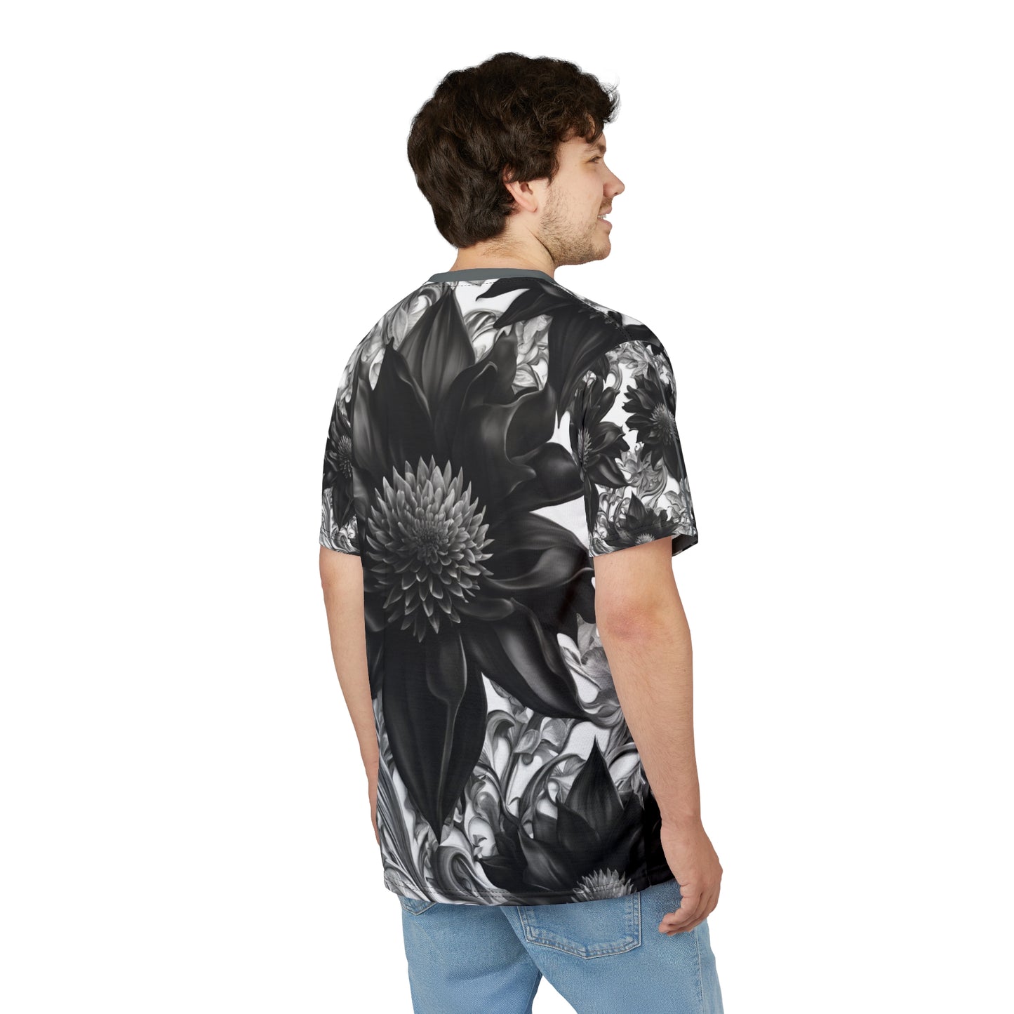 Elegant Floral Unisex Tee - Black & White Design, Gothic Black and White Flowers Shirt, Goth Flowers AOP Shirt