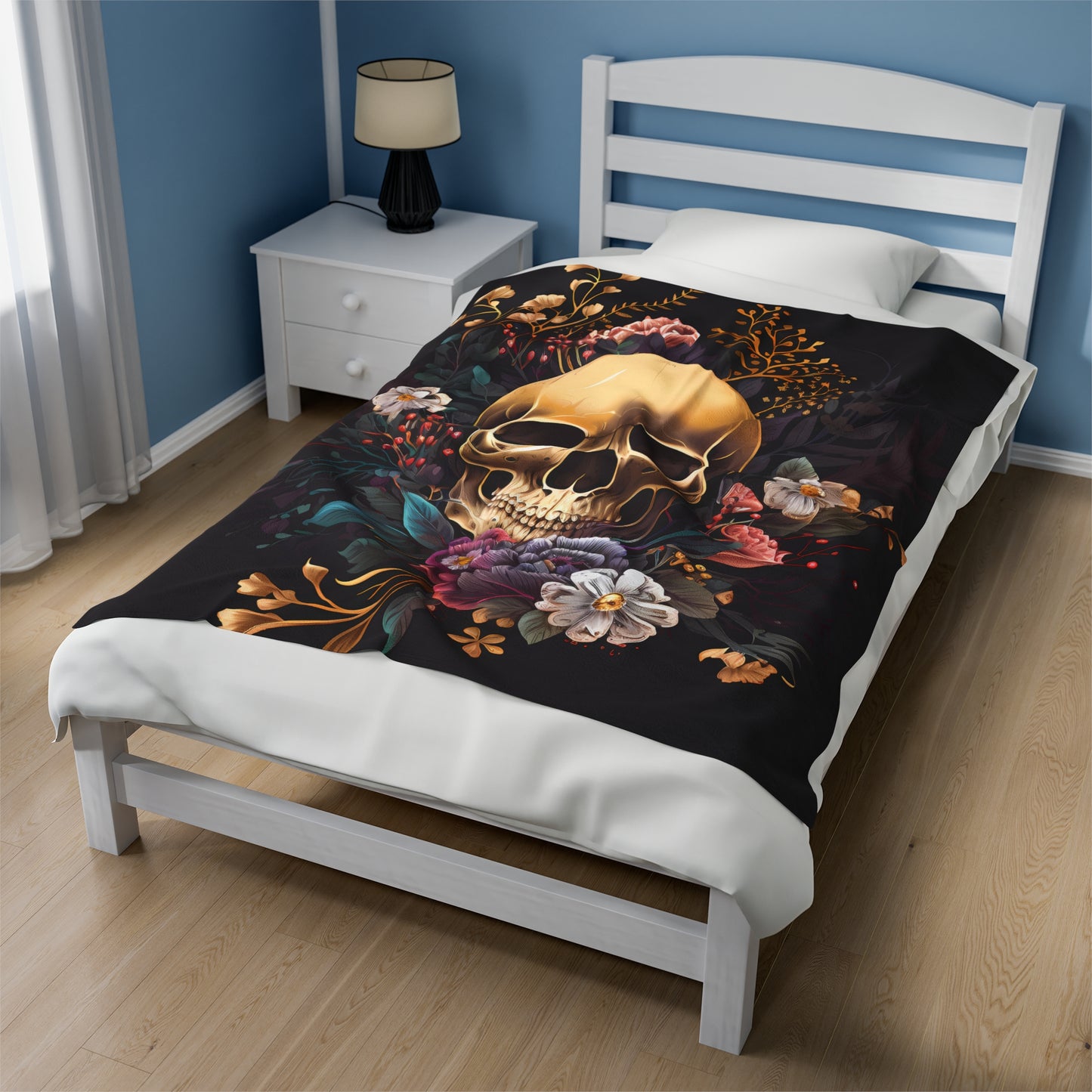 Skull and Flowers Velveteen Plush Blanket, Skull and Flowers Blanket, Gothic Design Blanket, Halloween Blanket, Skull and Flowers Gift