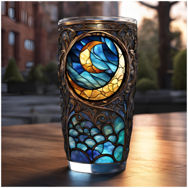 Moonlit Stained Glass Tumbler 20oz – Beautiful Travel Mug for Coffee Lovers, Stained Glass Crescent Moon Tumbler
