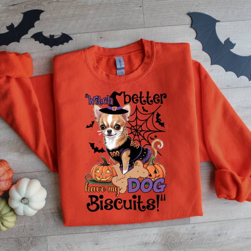 Halloween Dog Lover Crewneck Sweatshirt - "Witch Better Have My Dog Biscuits!"