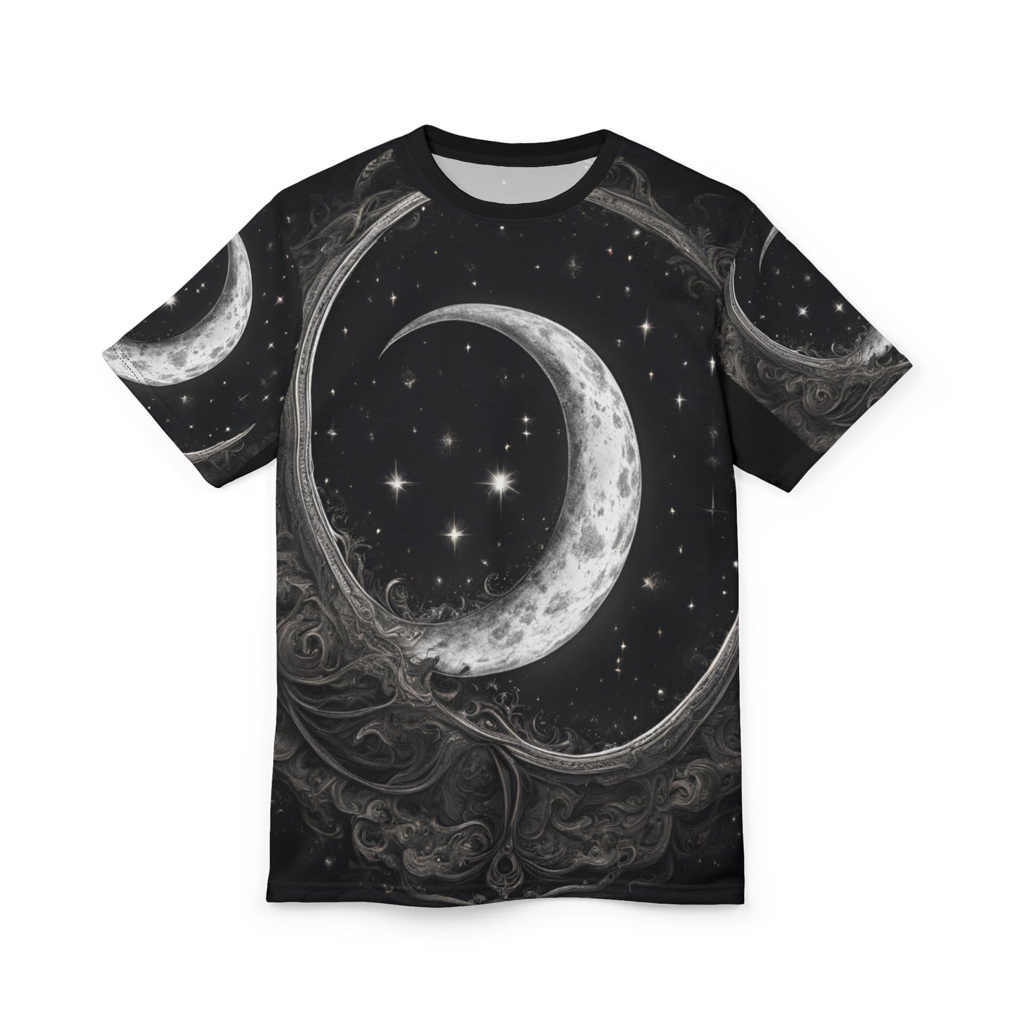 Celestial Moon Unisex Tee - Cosmic Black Design, Black and White Celestial Crescent Moon AOP Shirt