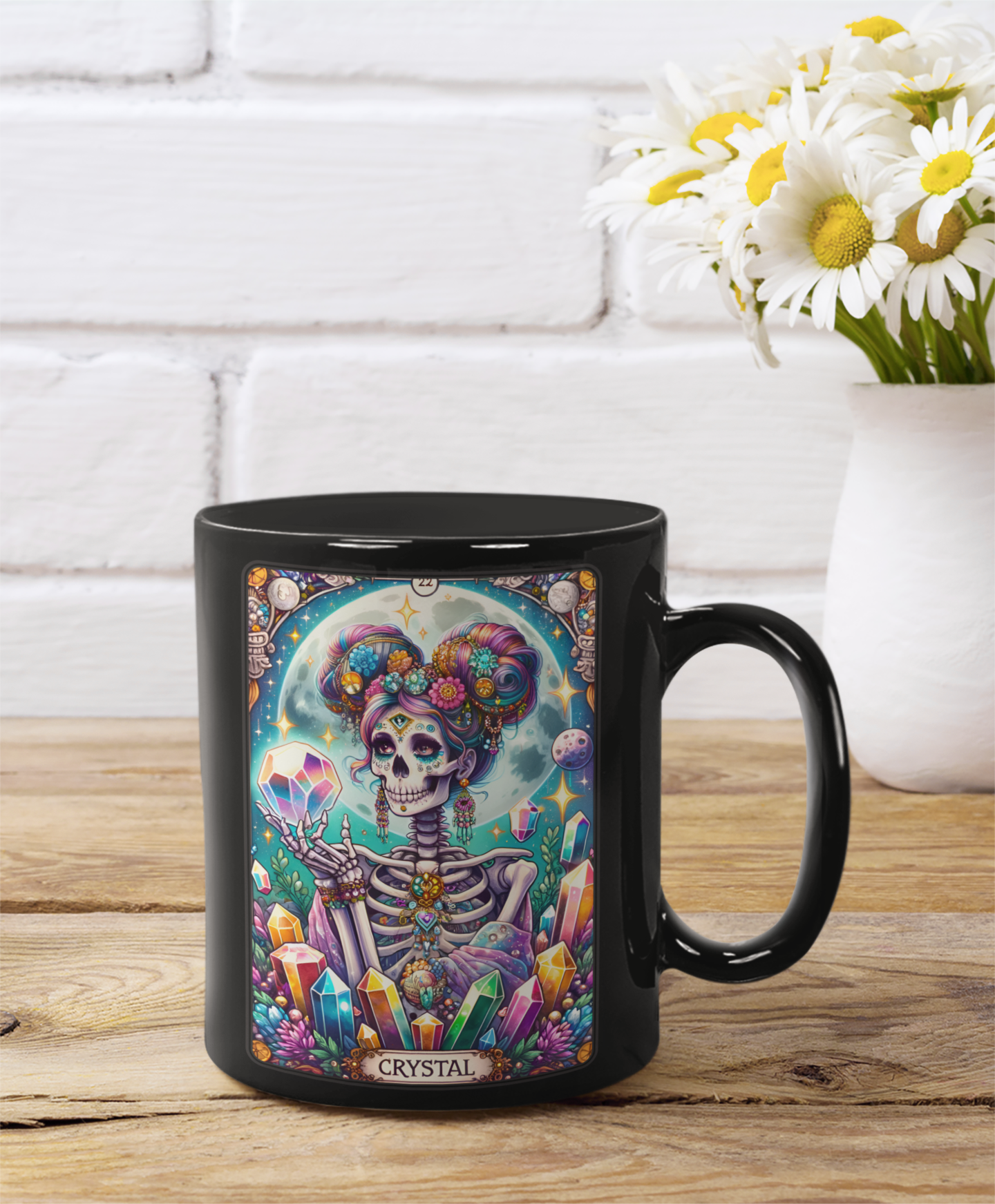 Crystal Skeleton Black Mug - Vibrant Art for Coffee Lovers, Coffee Mug for Crystal Lovers, Crystal Tarot Card Coffee Mug, Crystal Collector Coffee Mug