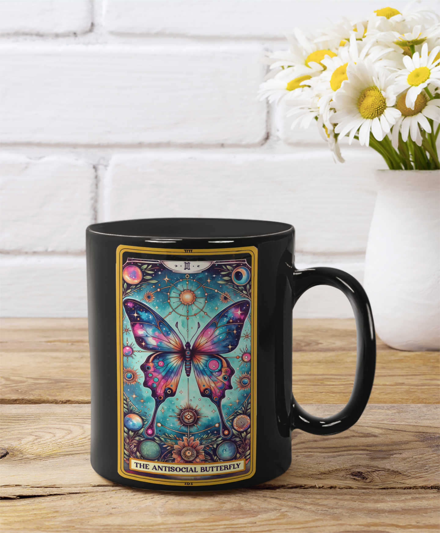 Antisocial Butterfly Black Mug – Colorful Art Coffee Cup for Enthusiasts, Antisocial Butterfly Mug, Butterfly Floral Coffee butterfly Tarot Card Mug, Cosmic Butterfly Coffee