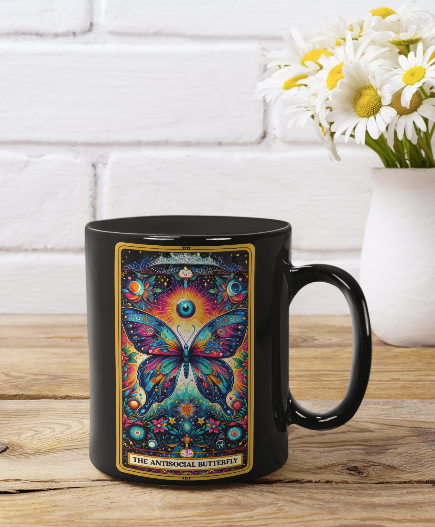 The Antisocial Butterfly Artistic Black Mug - 11oz & 15oz, Floral Butterfly Coffee Mug, Antisocial Butterfly Tarot Card Mug