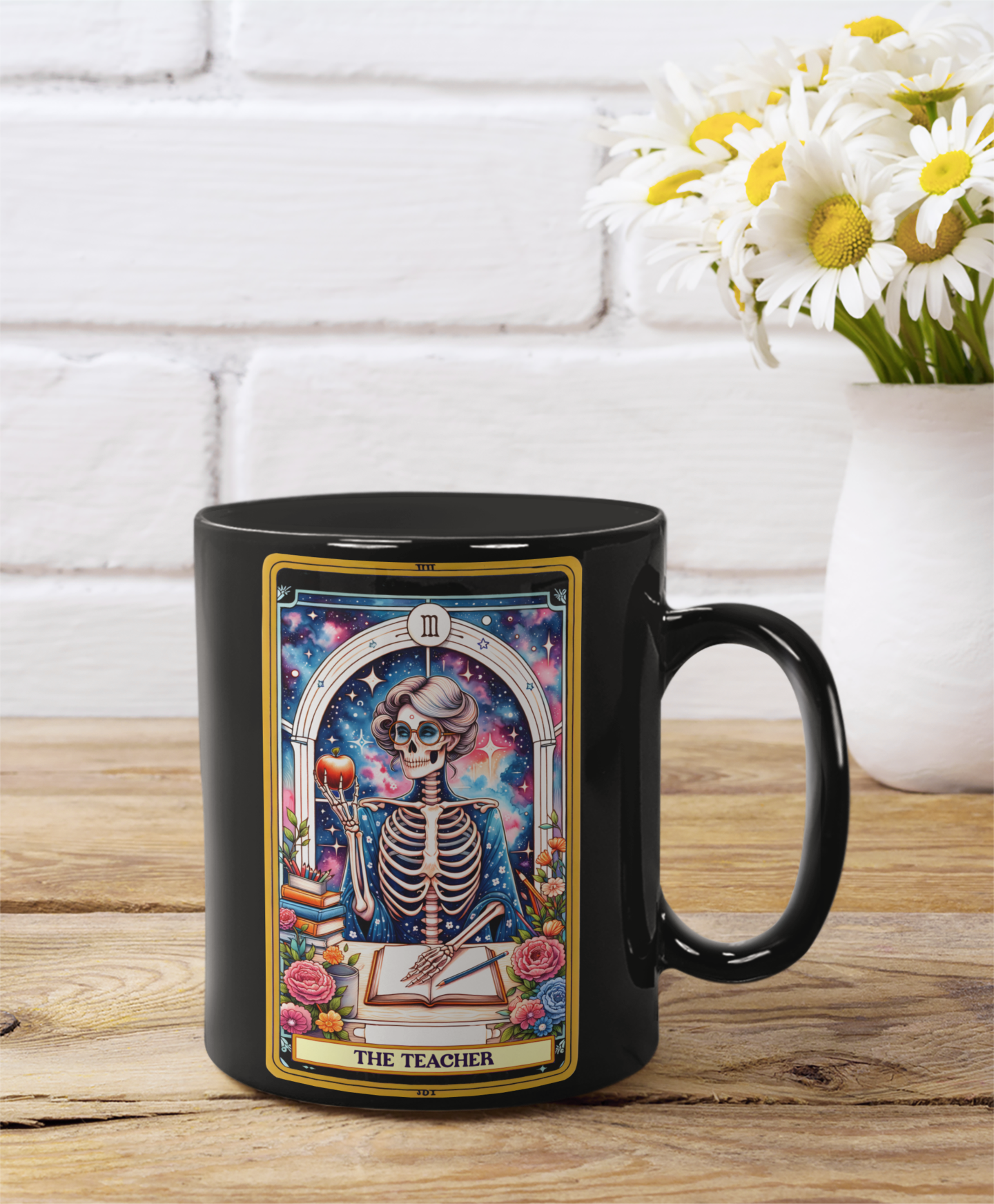 Teacher Themed Skeleton Mug | Black 11oz & 15oz Coffee Cup for Educators, The Teacher Tarot Card Coffee Mug, Back to School Coffee Mug for Teachers