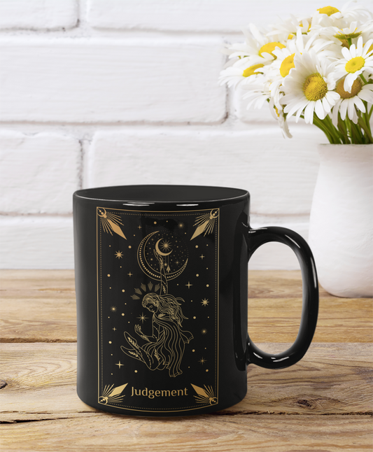 Judgement Tarot Black Ceramic Mug - 11oz & 15oz, Astrology Gift, Judgement Tarot Card Coffee Mug, Celestial Mug, Mystical Mug