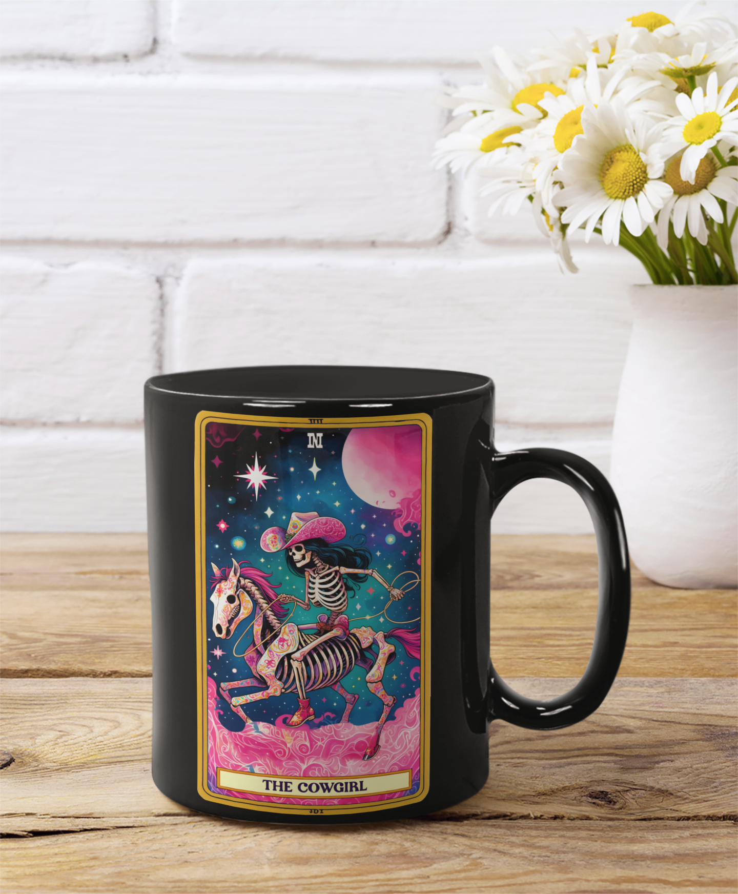 Cowgirl Skeleton Black Mug - 11oz & 15oz, Coffee Cup for Cowgirls, Western Style Coffee Mug for Her, Cowgirl Tarot Card Coffee Mug