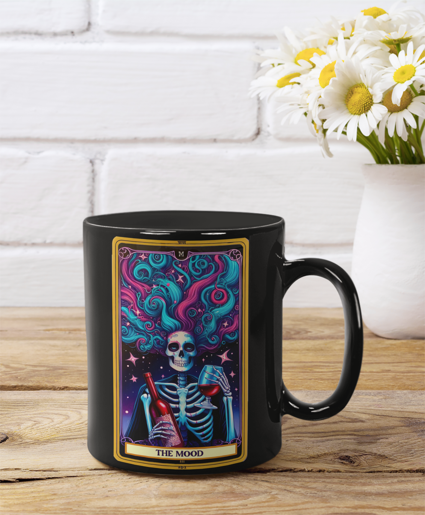 Vibrant Skull Themed Black Mug – Perfect for Celebrations & Gifting, The Mood Tarot Card Coffee Mug, Party Coffee Mug