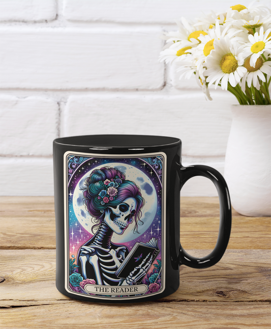 The Reader Skull Mug – Perfect Gift for Book Lovers and Halloween, The Reader Tarot Card Coffee Mug, Gothic Book Reader Coffee Mug