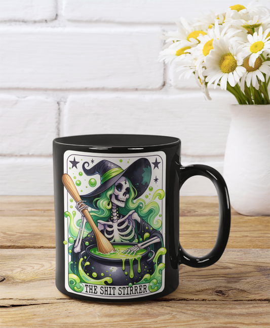 The Shit Stirrer Halloween Mug – Spooky Skeleton Design (11oz, 15oz), The Shit Stirrer Tarot Card Coffee Mug, Witchy Coffee Mug