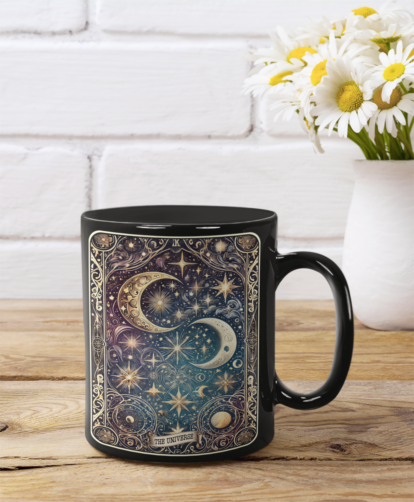 Cosmic Universe Black Mug - Celestial Design for Astrology Lovers, Celestial Coffee Mug, Moon Phase Coffee Mug, Mystical Coffee Mug