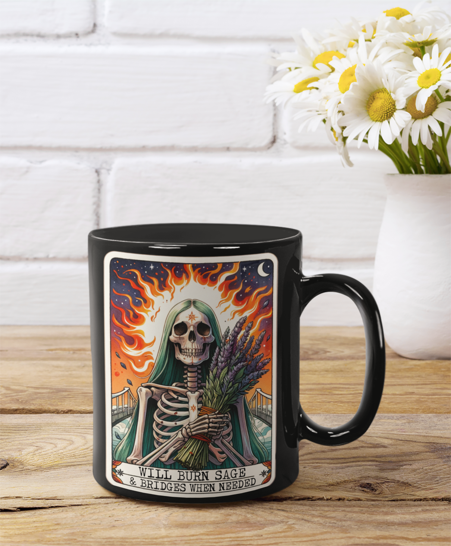 Skeletal Sage Black Mug - 'Will Burn Sage Bridges When Needed' - Unique Gift for Spiritual Souls & Occult Lovers, Witchy Tarot Card Coffee Mug