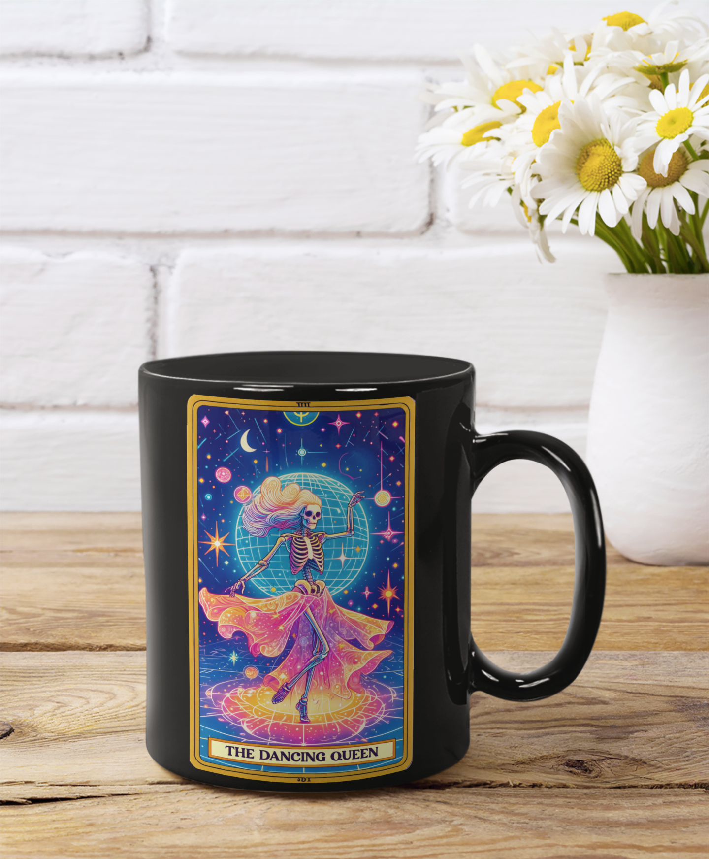 Dancing Queen Skeleton Mug - Colorful 11oz & 15oz Black Coffee Cup for Celebrations, Dancing Queen Tarot Card Coffee Mug,