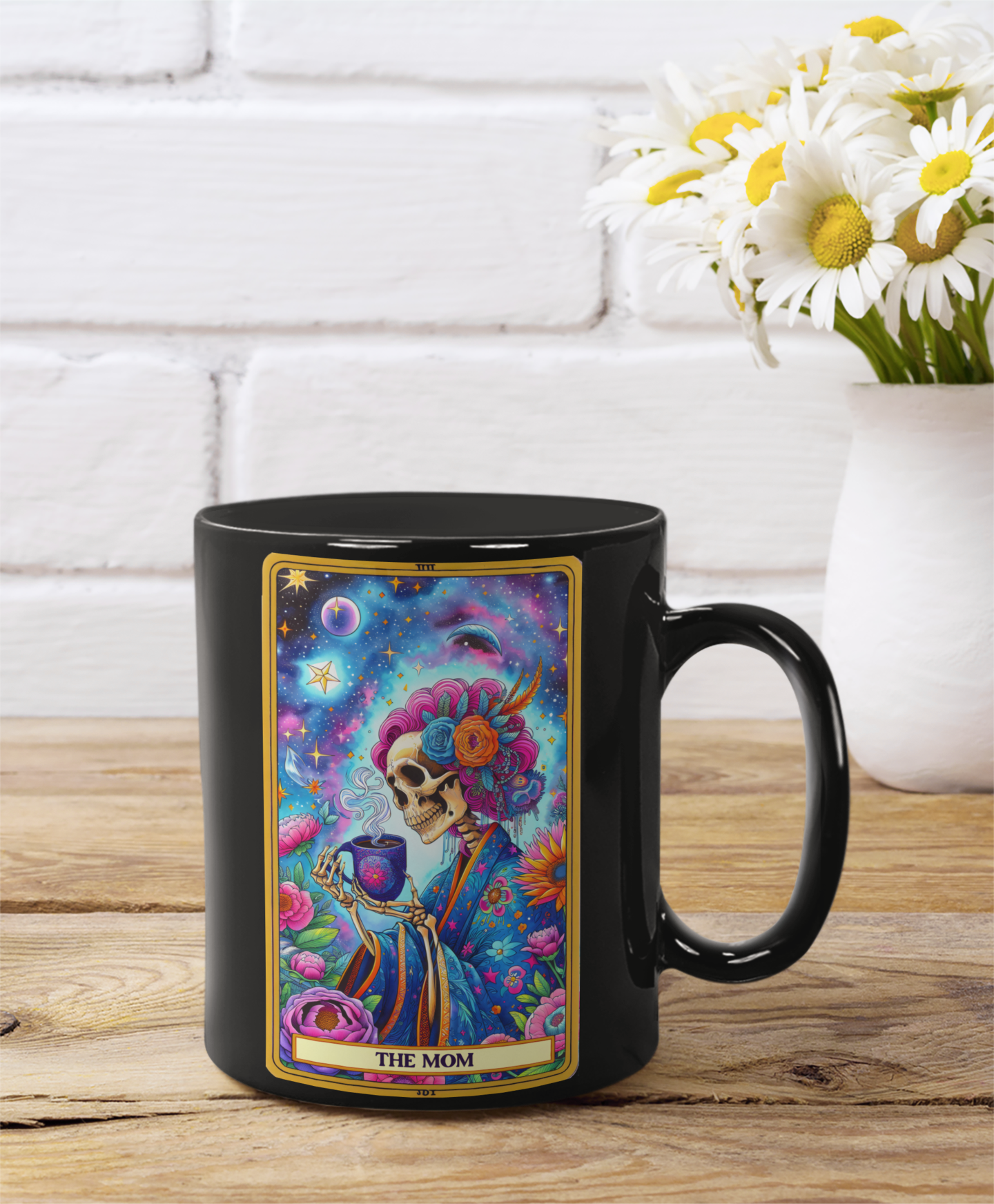 Colorful Skull Themed Black Mug for Moms - Perfect Gift for Mother's Day & Celebrations, The Mom Tarot Card Coffee Mug