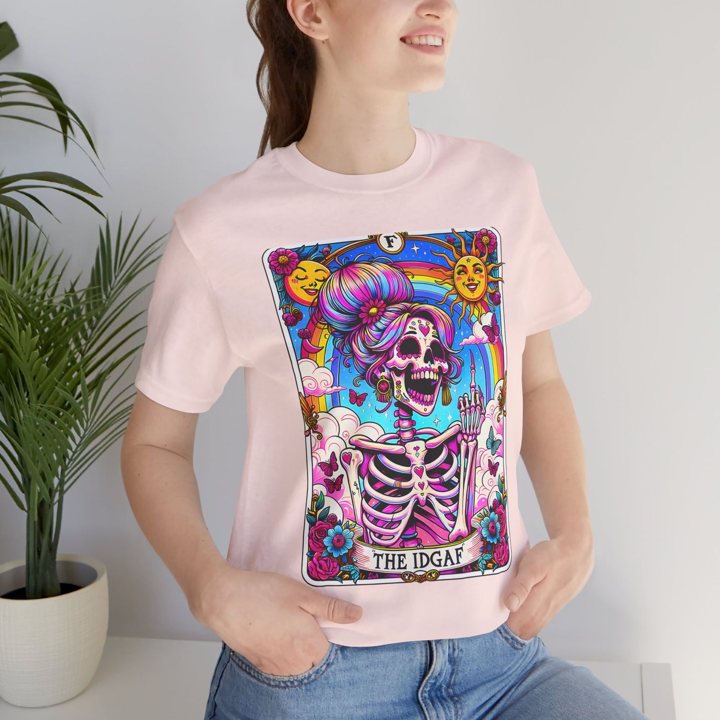 IDGAF Skeleton Art Unisex Jersey Tee - Colorful Graphic T-Shirt for Day of the Dead & Everyday Vibes, The sarcastic Sweary TShirt, Trendy Skeleton Skull Tee Shirt, Sassy Funny Witchy TIDGAF Funny Tarot Card T-Shirt, Sa-Shirt,Sarcastic Tee Shirt