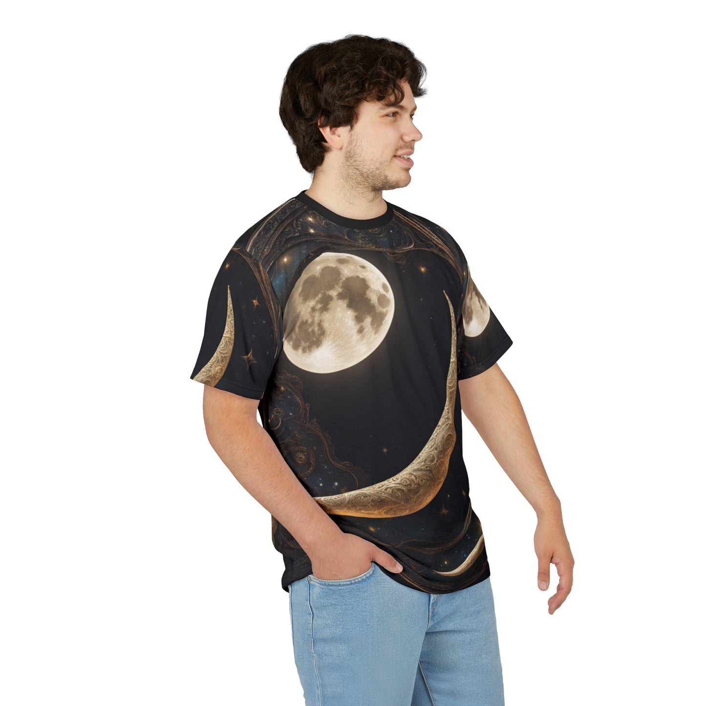 Celestial Moon Unisex Tee - Starry Night Graphic Shirt, Celestial Crescent Moon Shirt, Celestial AOP Shirt