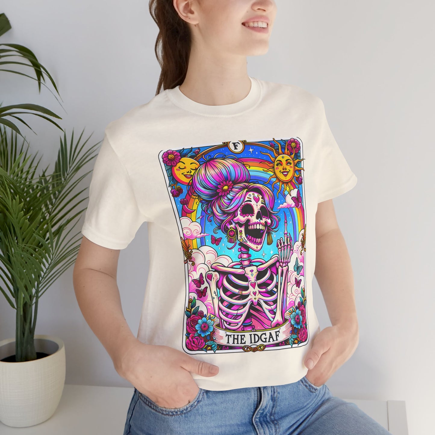 IDGAF Skeleton Art Unisex Jersey Tee - Colorful Graphic T-Shirt for Day of the Dead & Everyday Vibes, The sarcastic Sweary TShirt, Trendy Skeleton Skull Tee Shirt, Sassy Funny Witchy TIDGAF Funny Tarot Card T-Shirt, Sa-Shirt,Sarcastic Tee Shirt