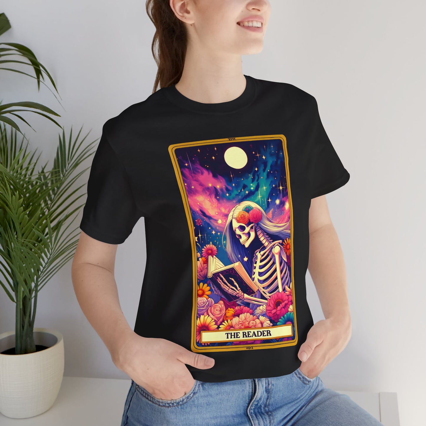 The Reader Skeleton Graphic Tee - Unisex Jersey Short Sleeve Shirt, The Reader Tarot Card Shirt, Skeleton Reading Shirt, Reading Shirt, Tarot Card Shirt, Book Lover Gift, Bookish Gift, Tarot Lover Gift