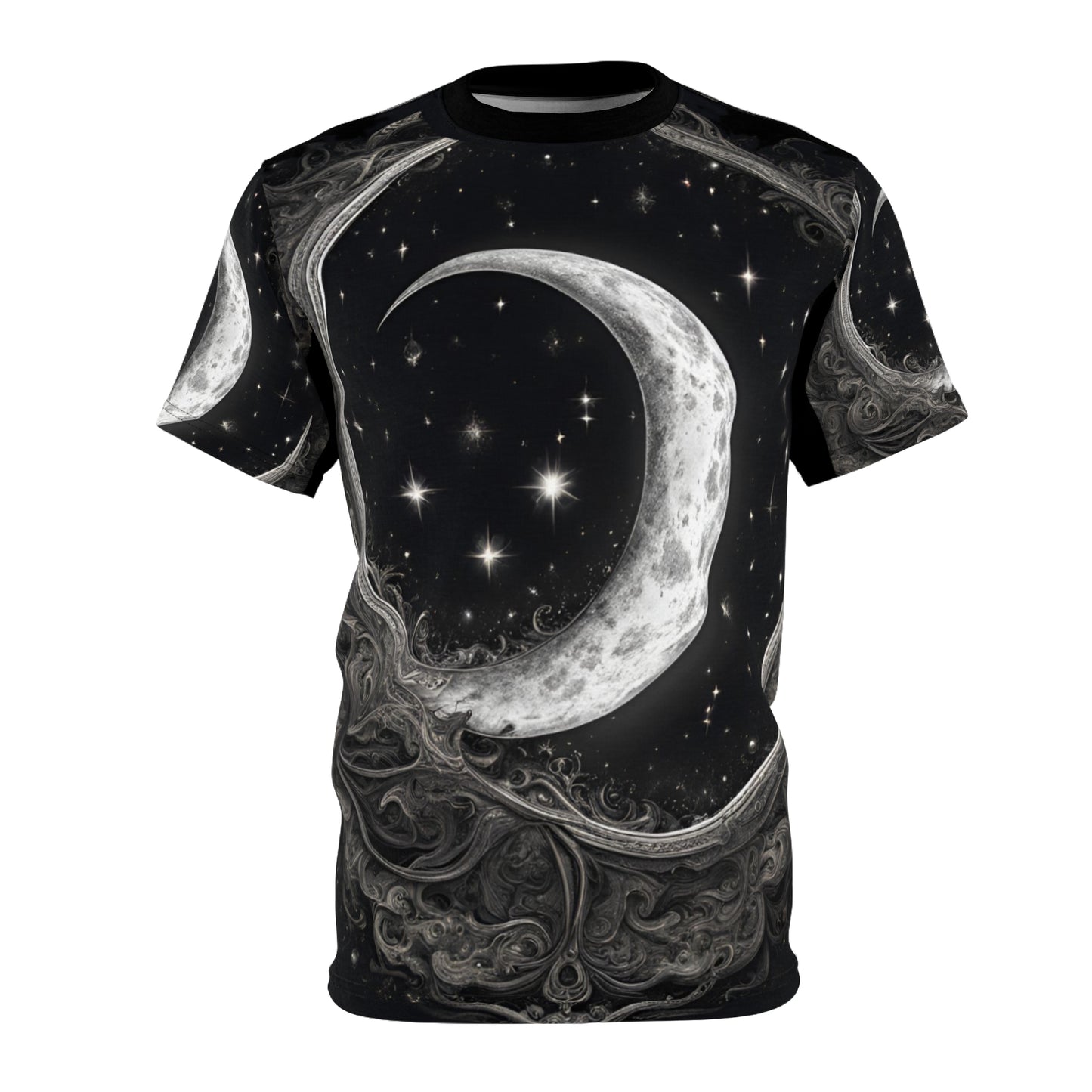 Celestial Moon Unisex Tee - Cosmic Black Design, Black and White Celestial Crescent Moon AOP Shirt