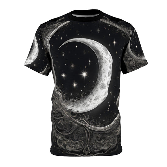 Celestial Moon Unisex Tee - Cosmic Black Design, Black and White Celestial Crescent Moon AOP Shirt