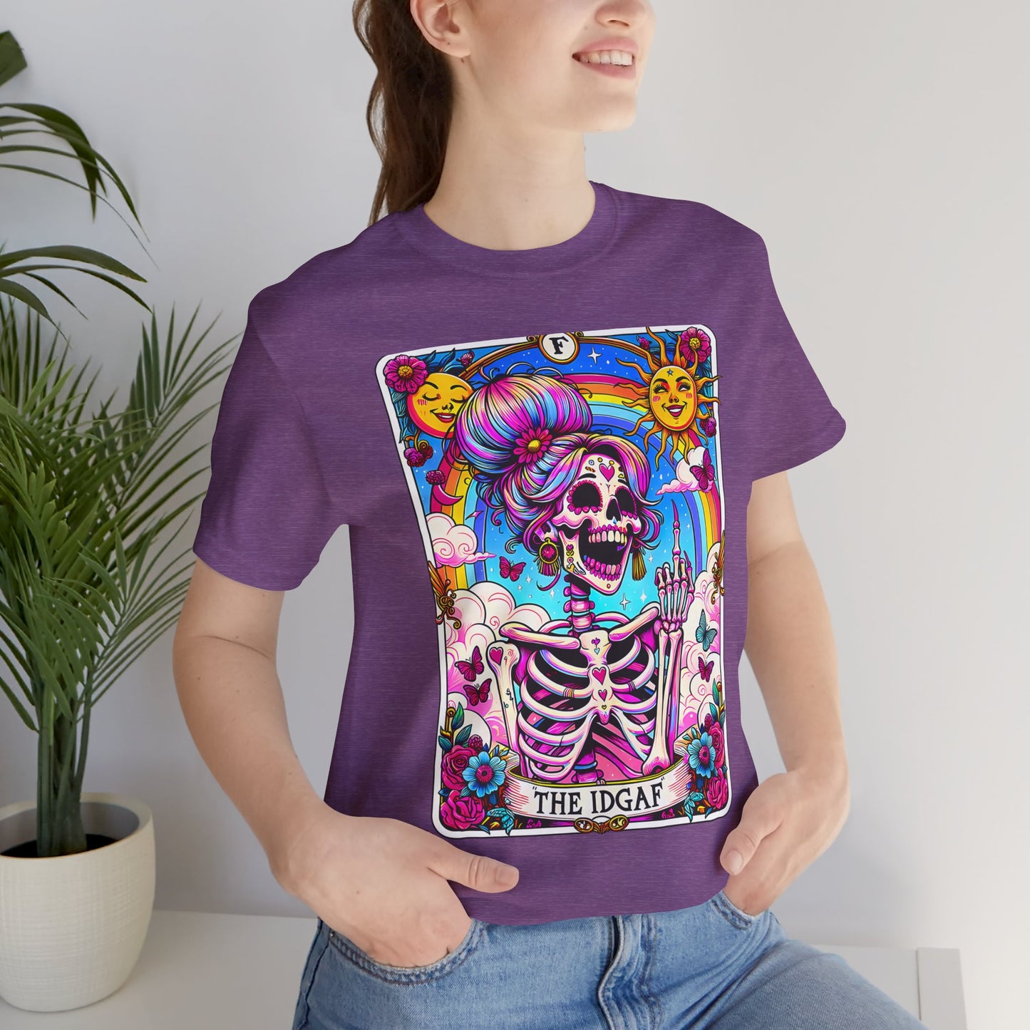 IDGAF Skeleton Art Unisex Jersey Tee - Colorful Graphic T-Shirt for Day of the Dead & Everyday Vibes, The sarcastic Sweary TShirt, Trendy Skeleton Skull Tee Shirt, Sassy Funny Witchy TIDGAF Funny Tarot Card T-Shirt, Sa-Shirt,Sarcastic Tee Shirt