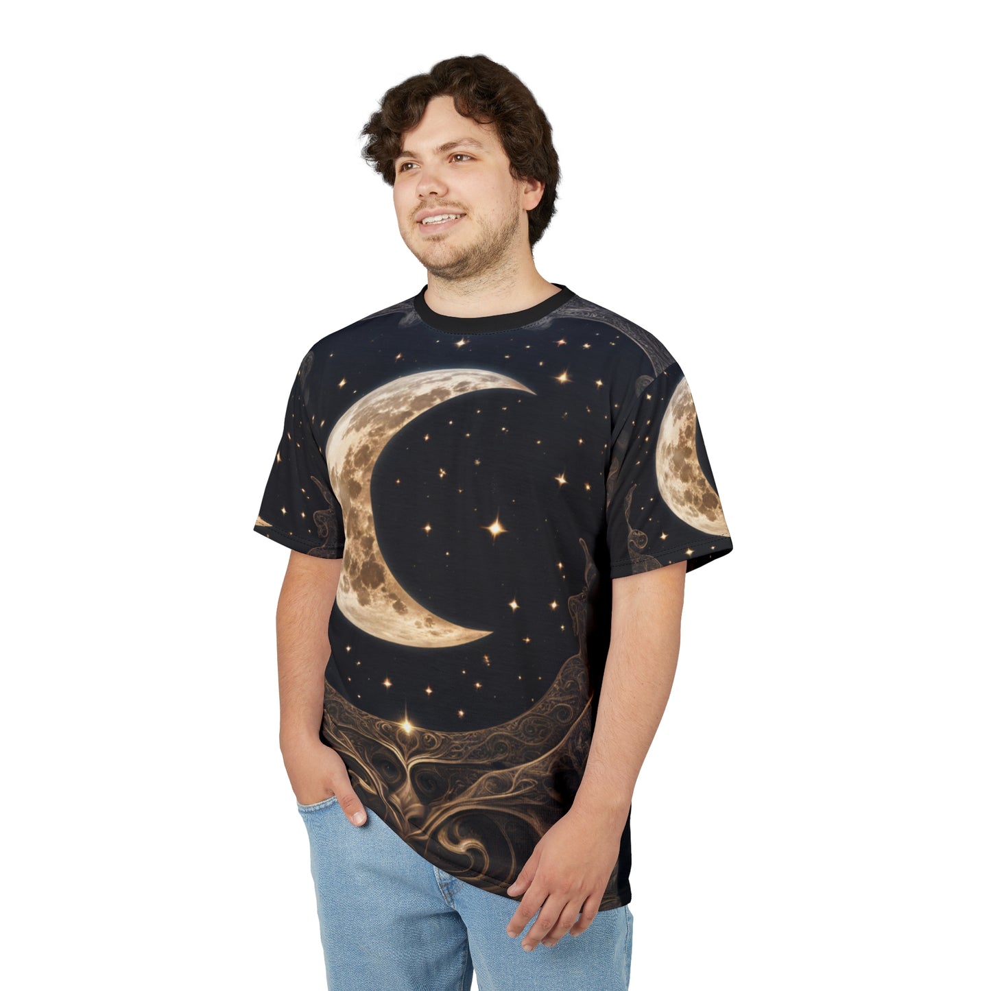 Celestial Moon Unisex Cut & Sew Tee - Night Sky Graphic T-Shirt, Celestial Crescent Moon AOP Shirt