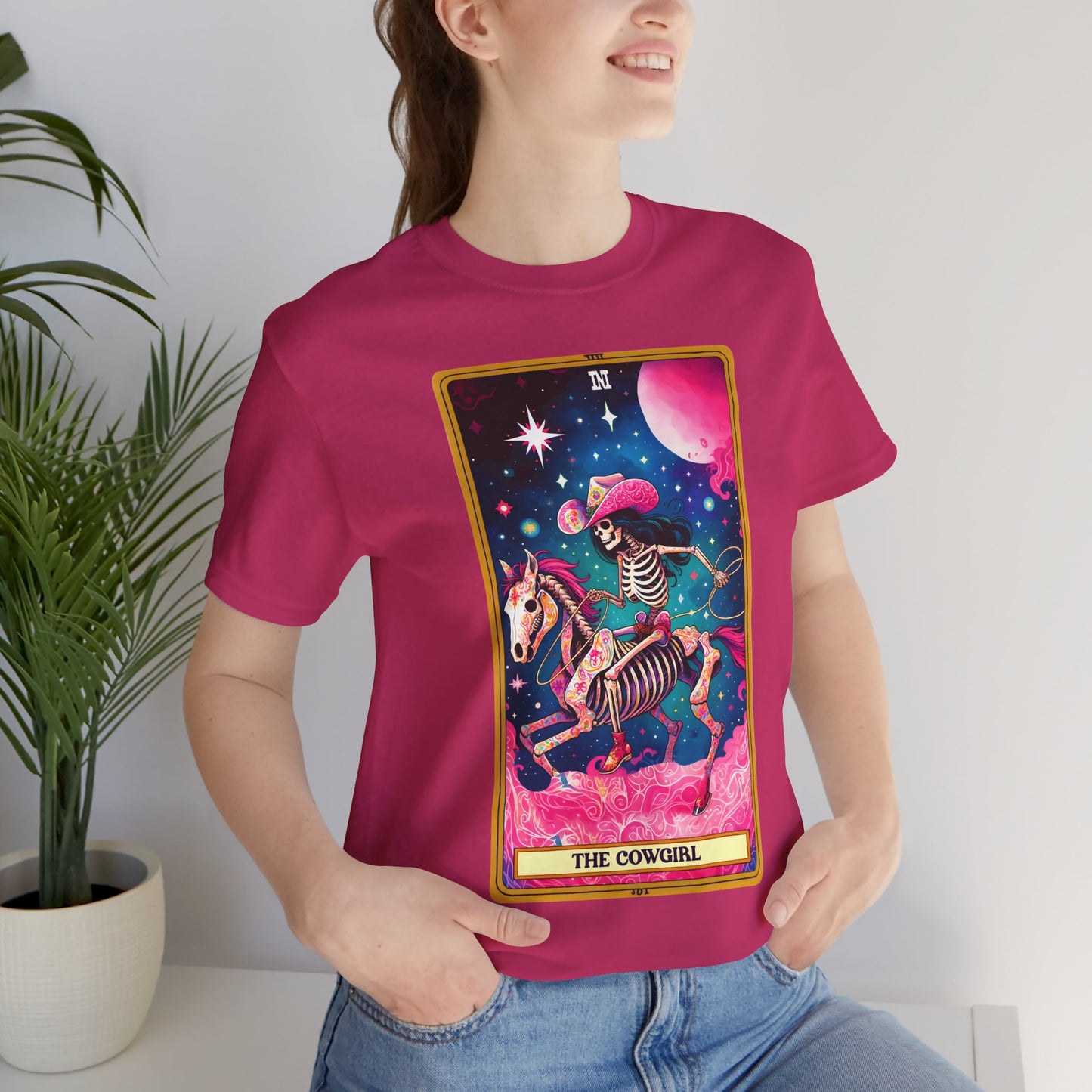 Cosmic Cowgirl Short Sleeve Tee - Retro Skeleton Design, The Cowgirl Tarot Shirt Tarot Lover Tee Western Shirt Cowgirl Tee Friend Gift Western Skeleton Tee Unisex Family Birthday Gift For Her